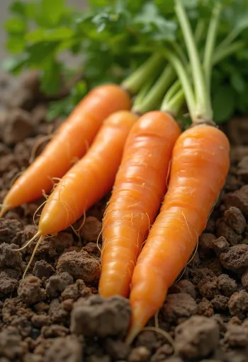 جزر طازج مع سيقان خضراء على سطح خشبي ريفي