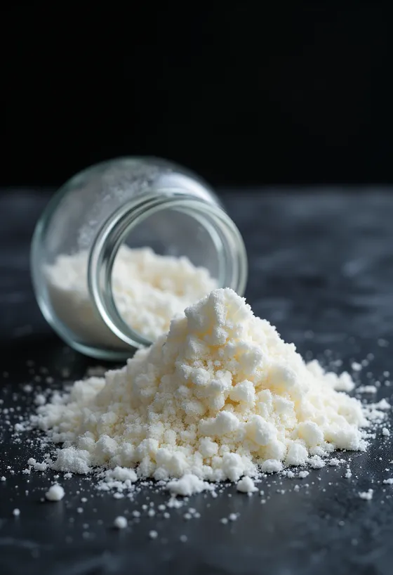 مسحوق الآغار الأبيض في وعاء زجاجي وعلى ملعقة خشبية