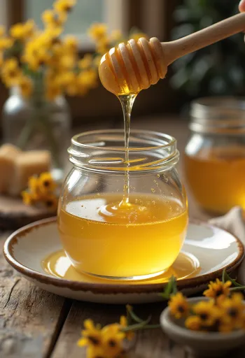 عسل الأكاسيا الذهبي في وعاء زجاجي مع أزهار الأكاسيا