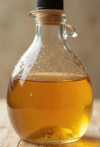 خل التفاح في وعاء زجاجي، محاط بتفاح طازج وشرائح وقشر التفاح وزجاجة تحتوي على أم الخل