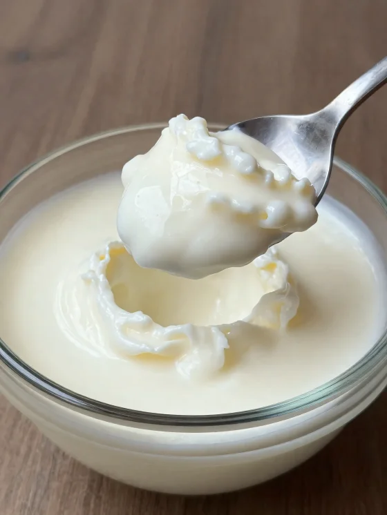 لبن رائب في وعاء سيراميكي ريفي، مع ملعقة وسطح مصلي خفيف