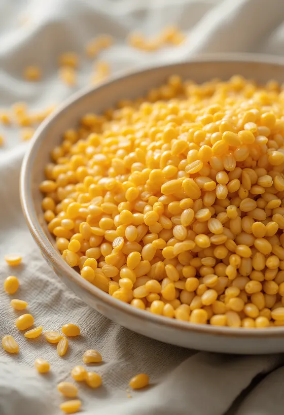 بذور كتان ذهبية كاملة منثورة على سطح خشبي