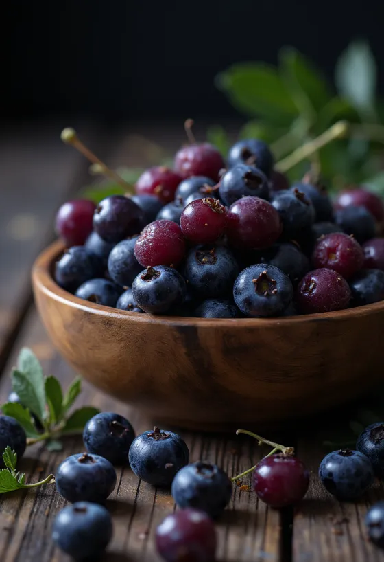 ثمار توت الأرونيا الطازجة الداكنة مقطعة وكاملة