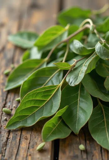 أوراق غار مجففة على سطح مطبخ خشبي بشكلها الطبيعي