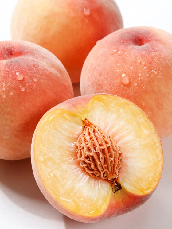 دراق كامل ومقطع شرائح على طاولة خشبية بجانب كوب عصير دراق