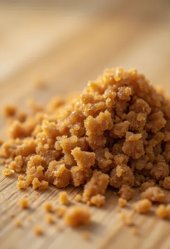 سكر بني في وعاء مع ملعقة خشبية وحبيبات دبس السكر