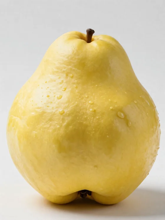 ثمار سفرجل كاملة ومقطعة على سطح خشبي مع أوراق خضراء