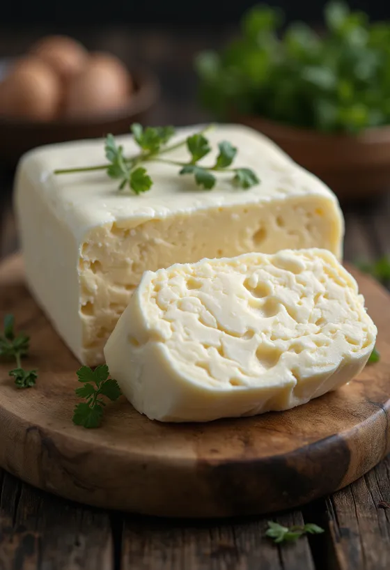 زبدة جاموس في وعاء خزفي صغير، دهن ذو قوام كريمي ولون فاتح