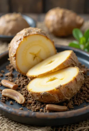 جذور الأرقطيون الطازجة بقشرها البني وقلبها الأبيض