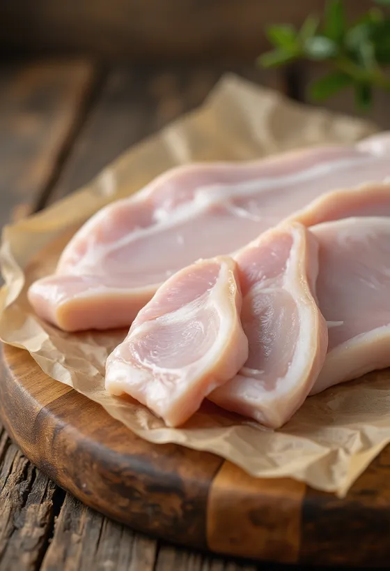 شرائح جلد خنزير نيئة على لوح تقطيع خشبي، منظفة ومجهزة