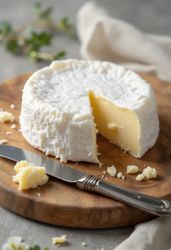 جبن بري مقطع شرائح على لوح تقطيع خشبي، بلب كريمي