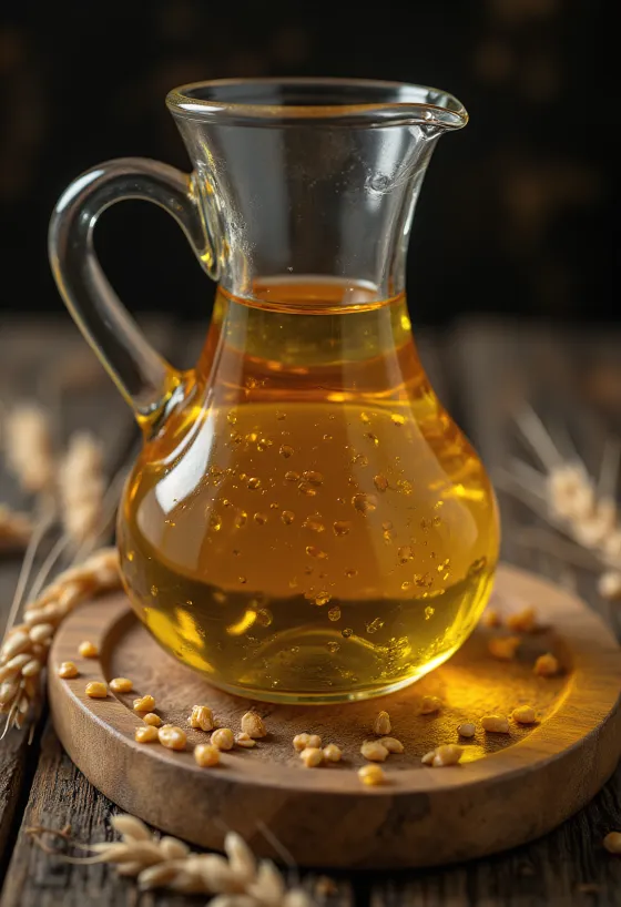 زيت جنين القمح الذهبي في وعاء زجاجي مع حبوب القمح