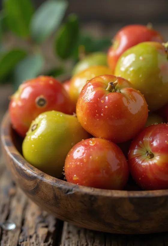 ثمار توت الكامو كامو الطازجة بألوانها الحمراء والخضراء