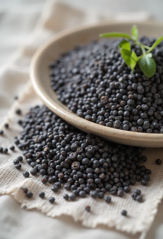 بذور شيا سوداء بتصوير مقرب متناثرة على خلفية بيضاء