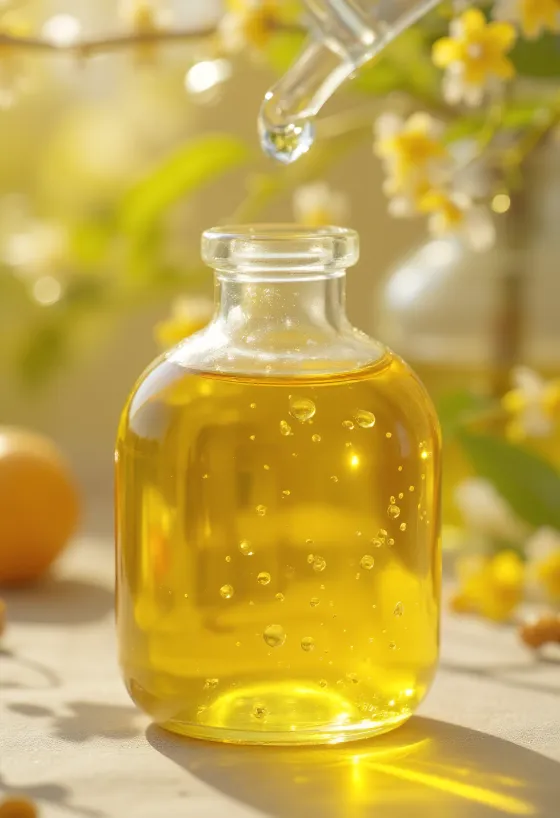 زيت الشيا في زجاجة صغيرة وبذور شيا في وعاء خشبي