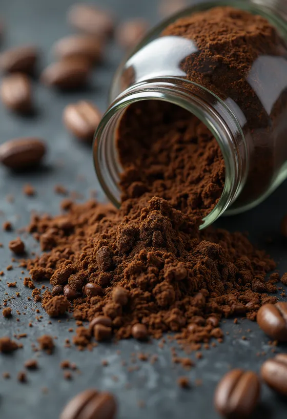 حبيبات قهوة الهندباء المحمصة وجذور مجففة في ملعقة ووعاء