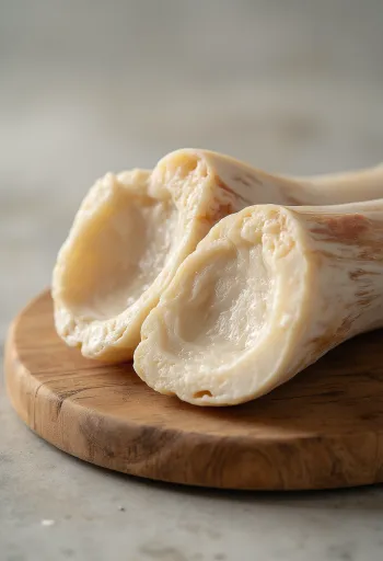 حصص نخاع عظم نيئ مفرغة في طبق أبيض، بلون وردي شاحب وقوام كريمي دسم