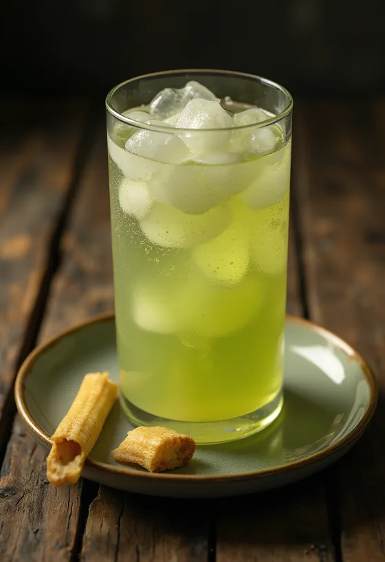 كوب من عصير قصب السكر الطازج بجانبه قطع من القصب