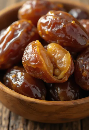 تمر مجفف وطازج على سطح خشبي، مقطع وكامل، مع النواة