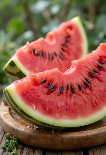 بطيخ أحمر طازج مقطع بلب أحمر وبذور سوداء على سطح خشبي
