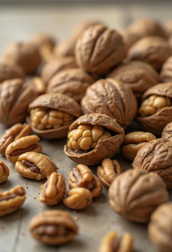 لب جوز مقسوم في وعاء خشبي ومنثور على سطح ريفي
