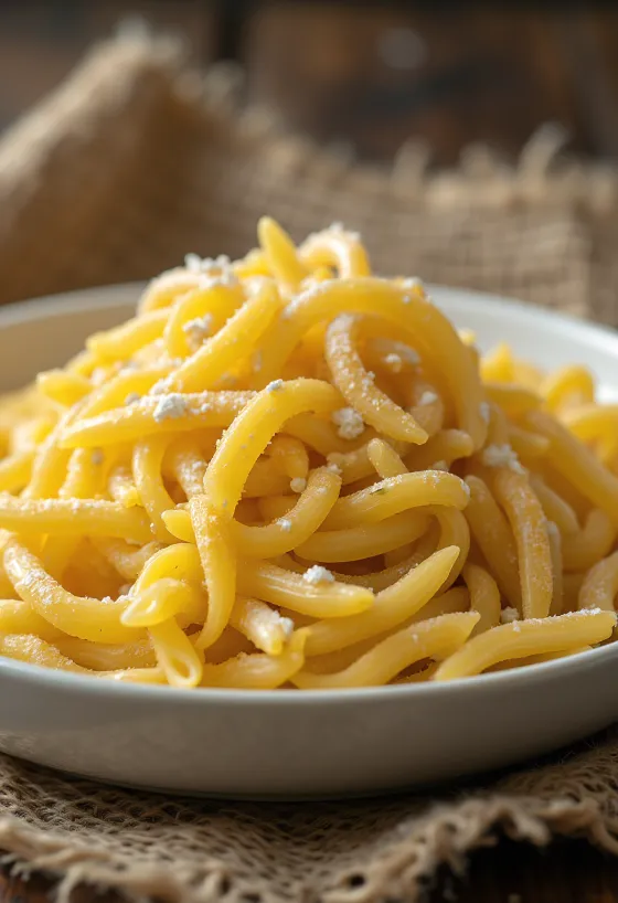 معكرونة قمح قاسي في وعاء خزفي ريفي مرتبة على سطح خشبي