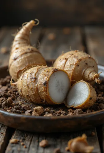 جذور القلقاس (إيدو) الطازجة بقشرتها البنية وقوامها الغني