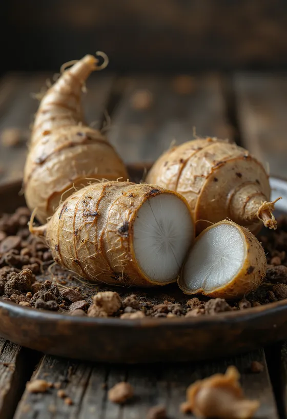 جذور القلقاس (إيدو) الطازجة بقشرتها البنية وقوامها الغني