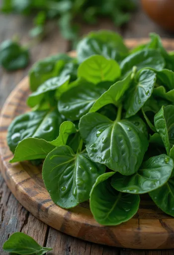 أوراق بطاطا حلوة طازجة نيئة، مقطوفة، مرتبة في وعاء أو كومة