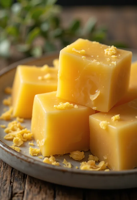 شمع عسل غذائي على شكل كتل ومبشور على سطح خشبي