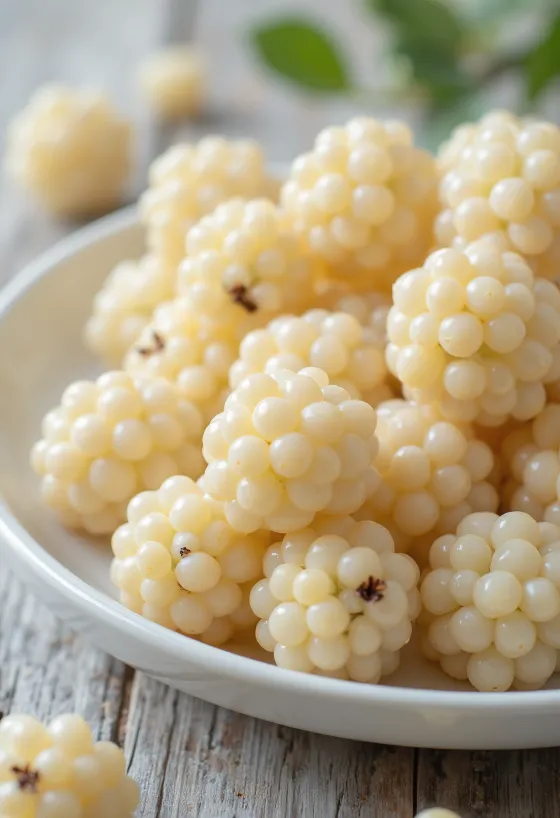 ثمار التوت الأبيض الطازجة (Morus alba) مقطعة وكاملة على سطح نظيف