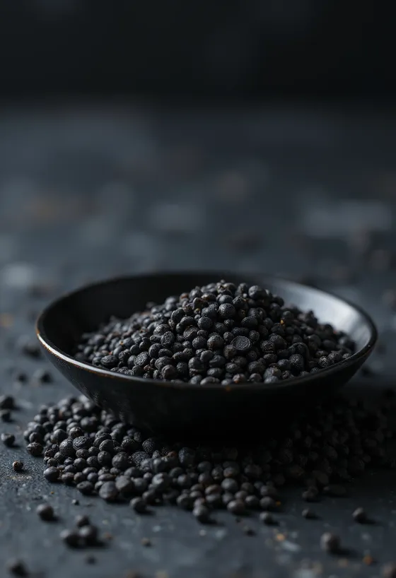 حبوب خردل أسود كاملة في وعاء خشبي على سطح طاولة