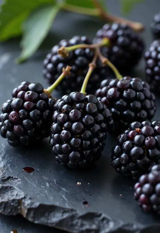 ثمار التوت الأسود (Morus nigra) الطازجة مقطعة وكاملة