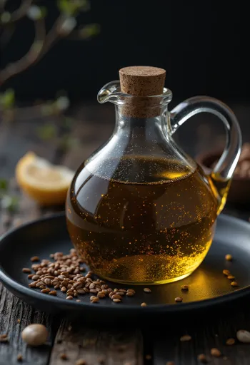 زيت السمسم الأسود في زجاجة ووعاء بجانبه بذور سمسم