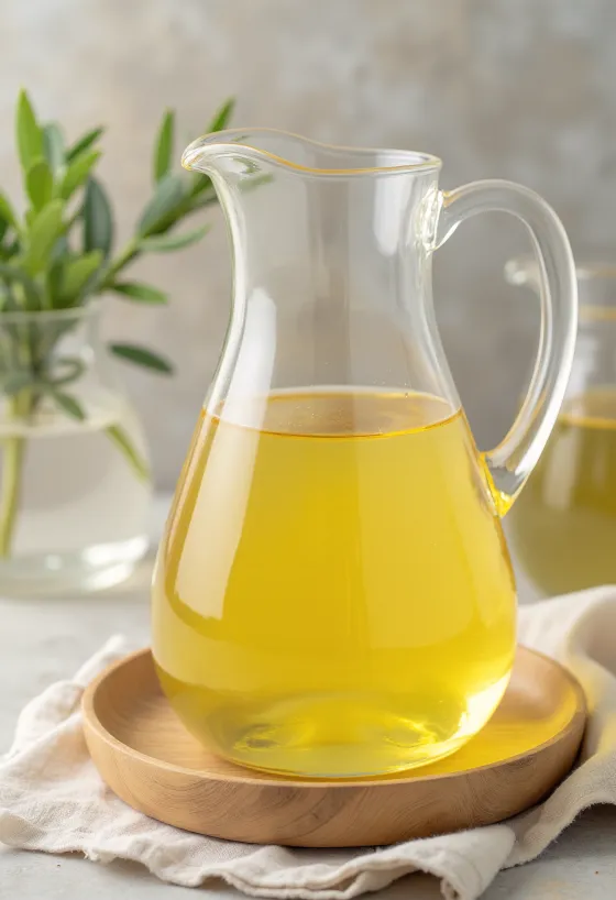 زيت نخيل مكرر في وعاء صغير، حوله لب ثمار النخيل المعالج