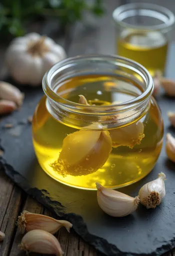 زيت الثوم في زجاجة ووعاء محاط بفصوص الثوم