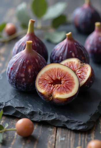 تين طازج ومجفف مقطع لشرائح على سطح خشبي ريفي