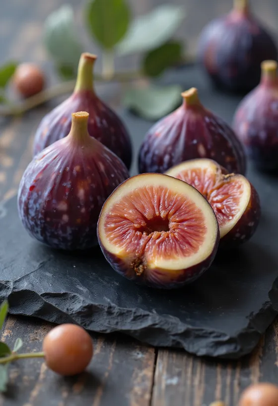 تين طازج ومجفف مقطع لشرائح على سطح خشبي ريفي