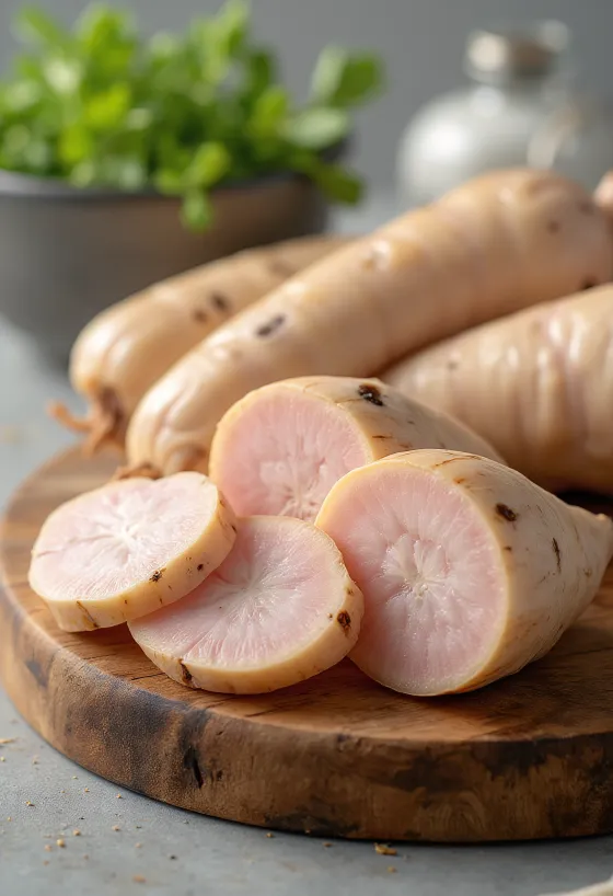 جذور خولنجان طازجة وشرائح رفيعة في وعاء على سطح خشبي