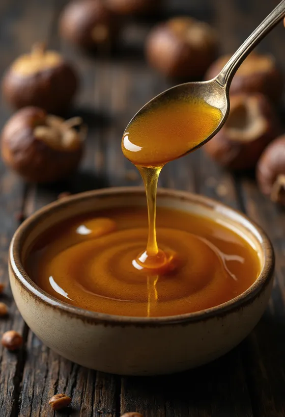 عسل كستناء داكن اللون في وعاء مع ملعقة عسل وزهور
