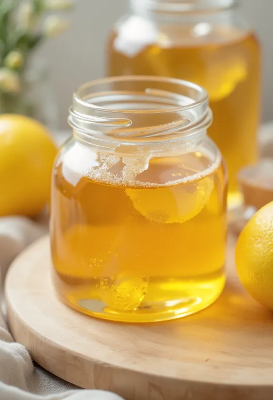 شراب الجلوكوز الكثيف في وعاء زجاجي مع ملعقة تسكب الشراب