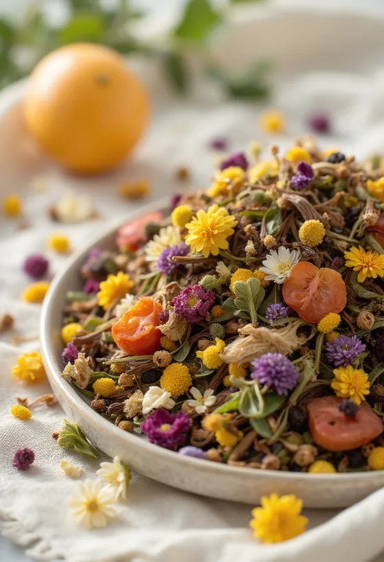 مزيج شاي أعشاب مجففة في وعاء خشبي مع ملعقة وأعشاب منثورة