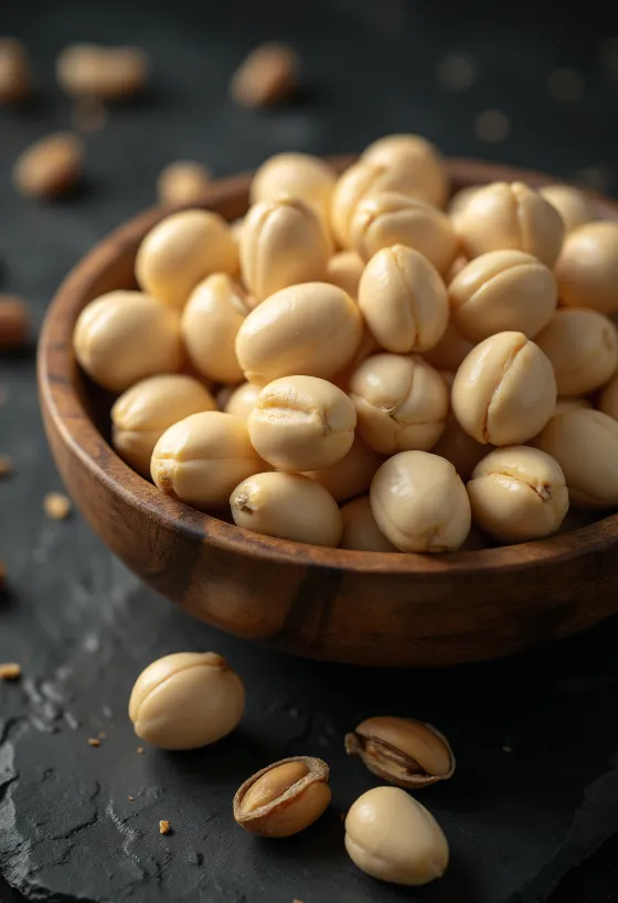 حبوب مكاديميا مقشرة في كومة طبيعية، خلفية بيضاء