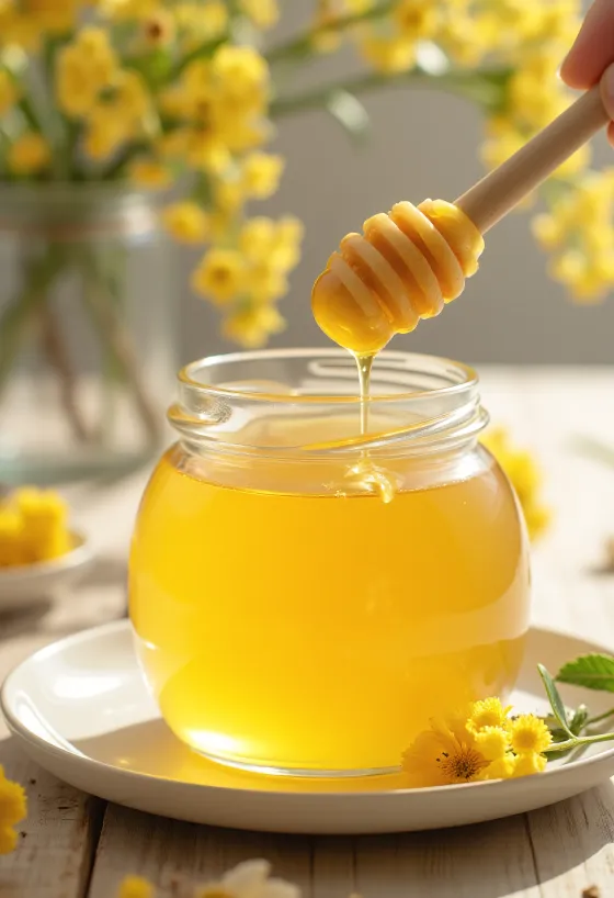 عسل الزيزفون في وعاء مع ملعقة عسل وزهور الزيزفون