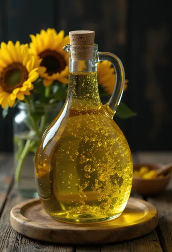 زيت دوار الشمس المعصور على البارد في وعاء زجاجي صغير مع بذور وبتلات دوار الشمس