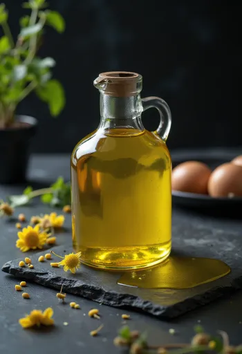 زيت بذور اللفت المعصور على البارد في وعاء زجاجي صغير، بجانبه بذور لفت وبتلة زهرة صفراء