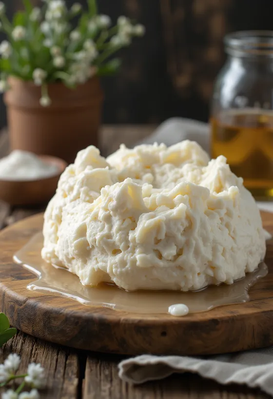 جبن جوموليا غنم طازج مقطع شرائح على لوح تقطيع خشبي