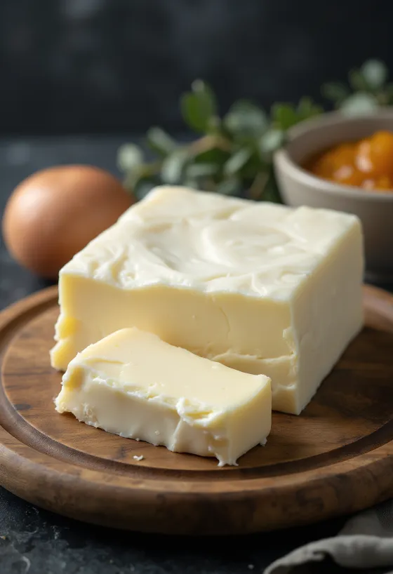 زبدة ماعز في وعاء سيراميك صغير، قوام كريمي على سطح خشبي ريفي