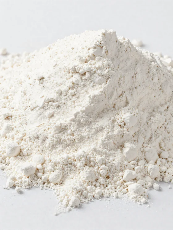 دقيق جوز الهند في وعاء سيراميكي، مسحوق ناعم فاتح اللون على سطح خشبي