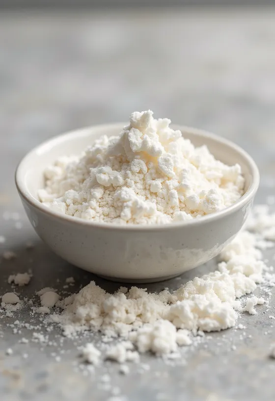 مسحوق حليب جوز الهند في وعاء ومناثر على سطح المطبخ